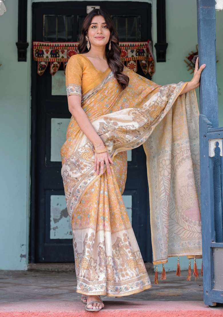 Golden Printed Cotton Saree Set - Indya