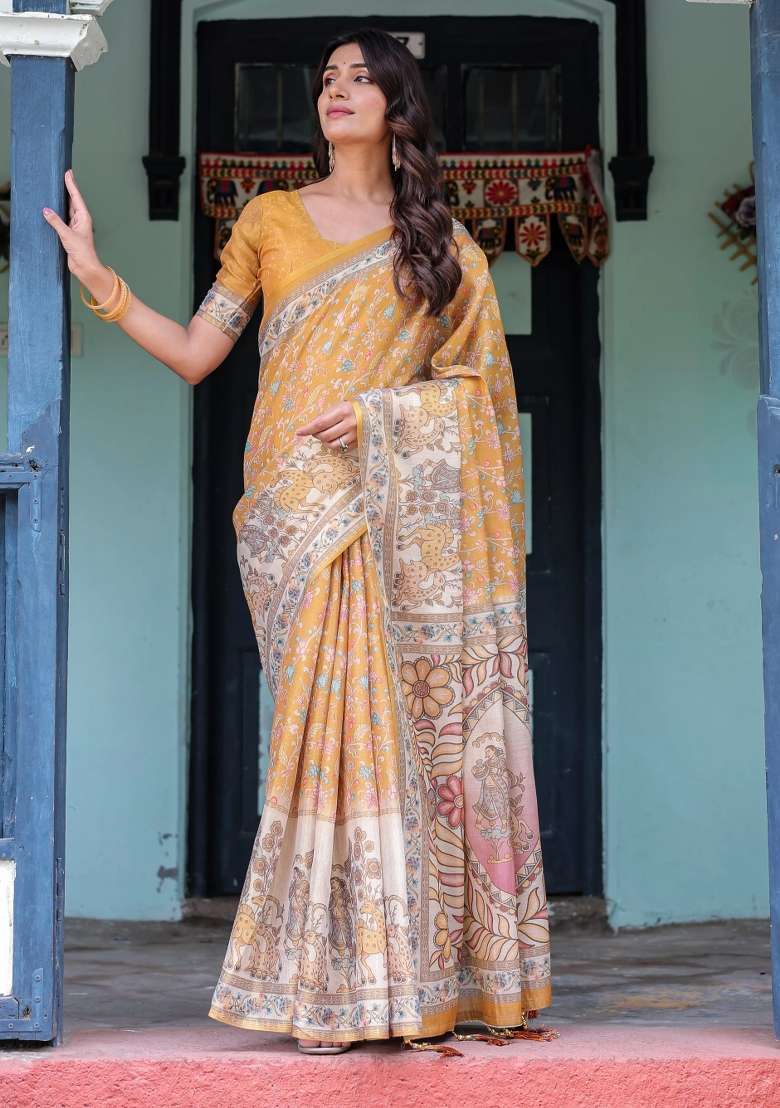 Golden Printed Cotton Saree Set - Indya