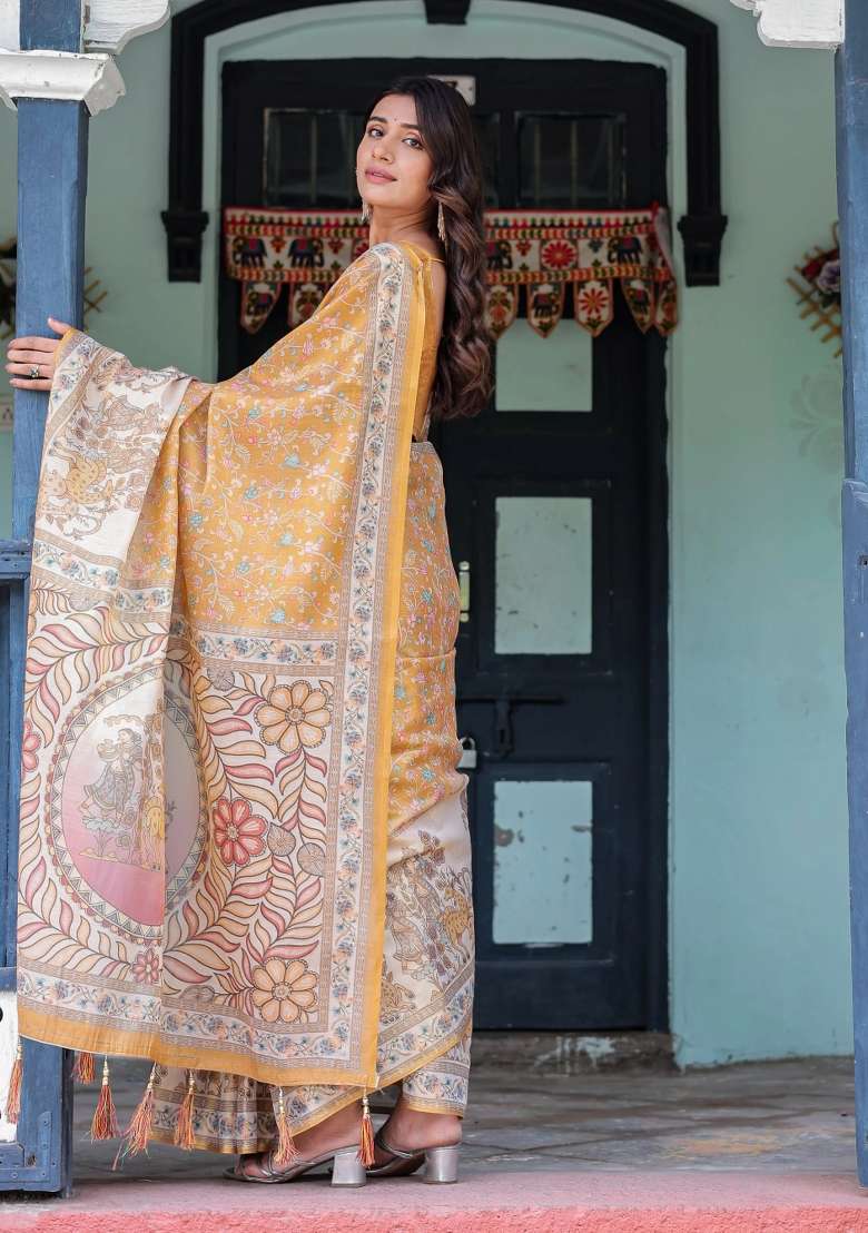Golden Printed Cotton Saree Set - Indya