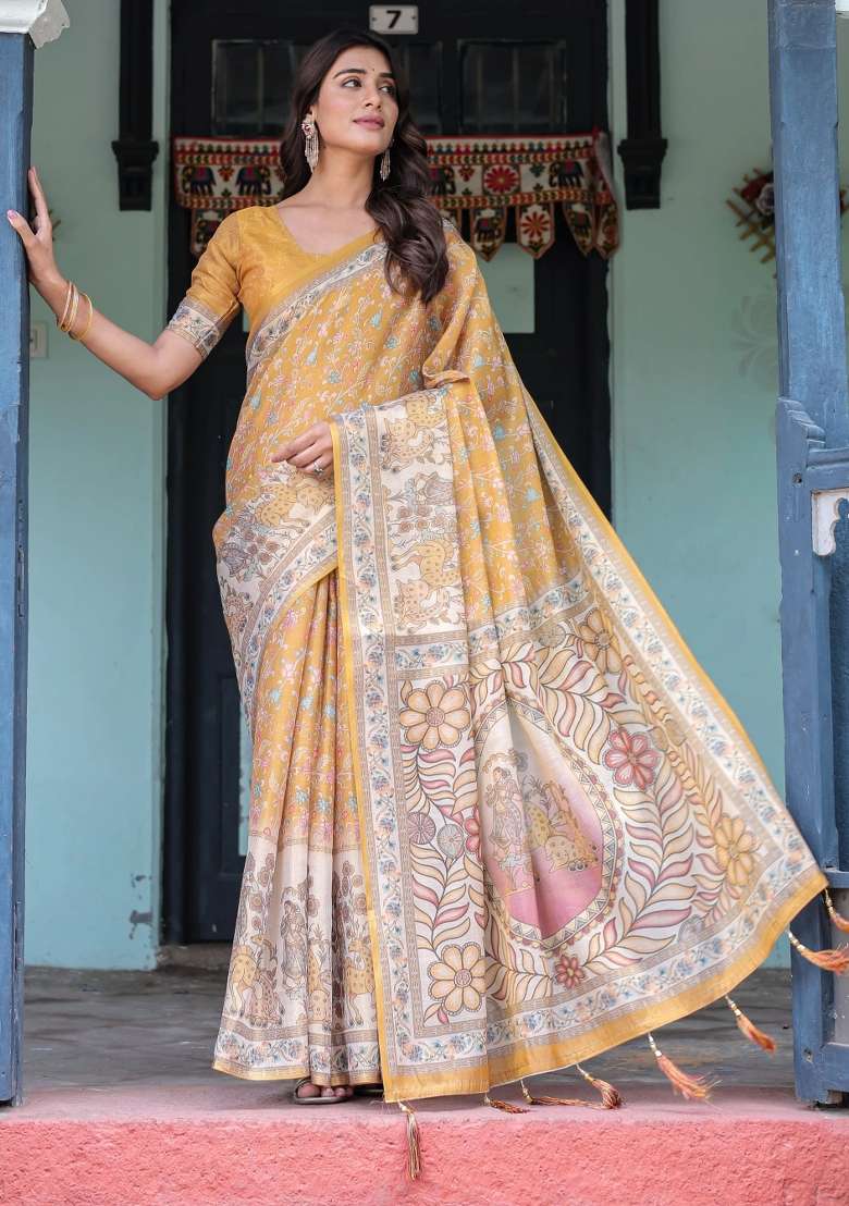 Golden Printed Cotton Saree Set - Indya