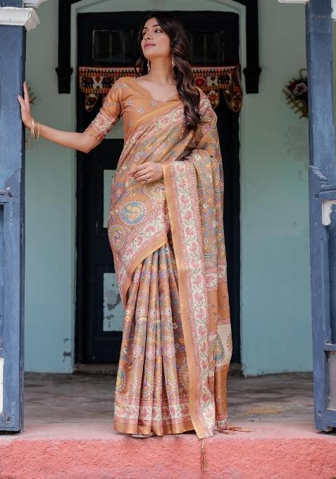 Peach Printed Cotton Saree Set