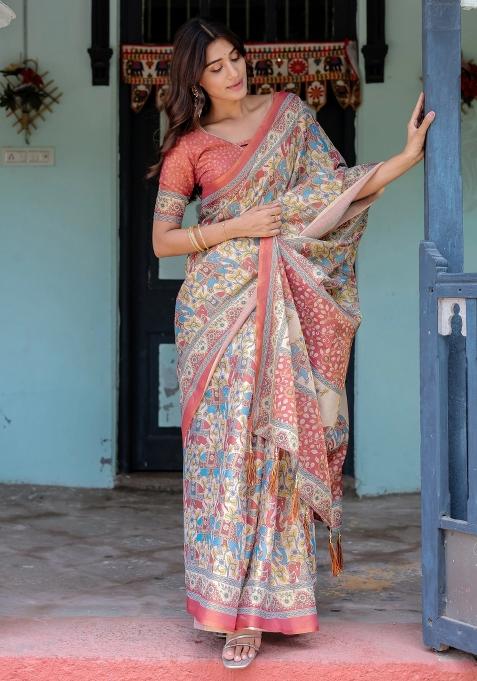 Rust Printed Cotton Saree Set