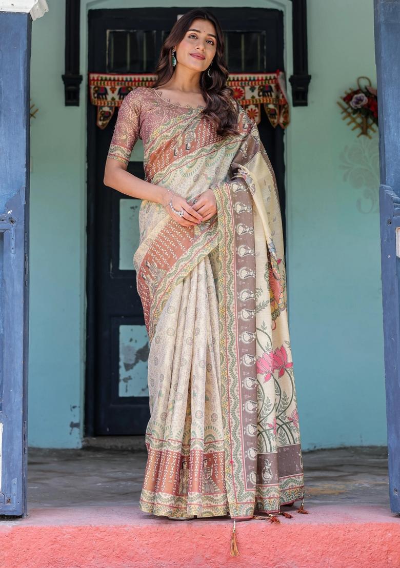 Ivory Printed Cotton Saree Set
