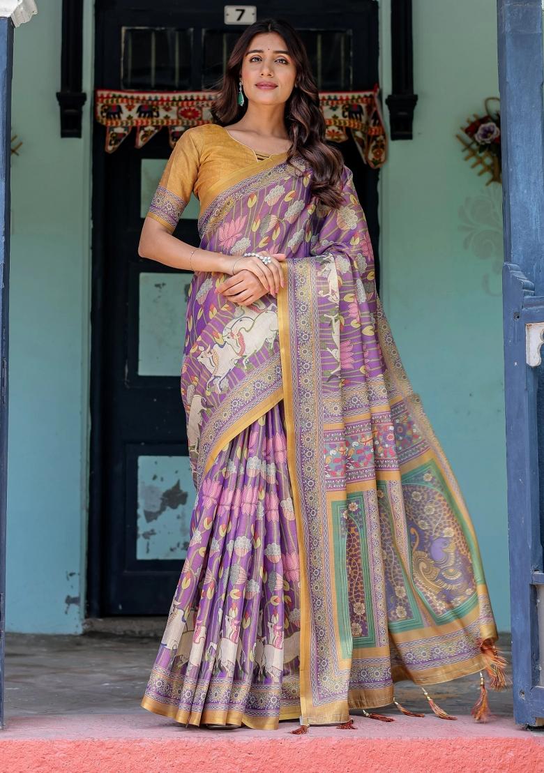 Blue Printed Cotton Saree Set - Indya
