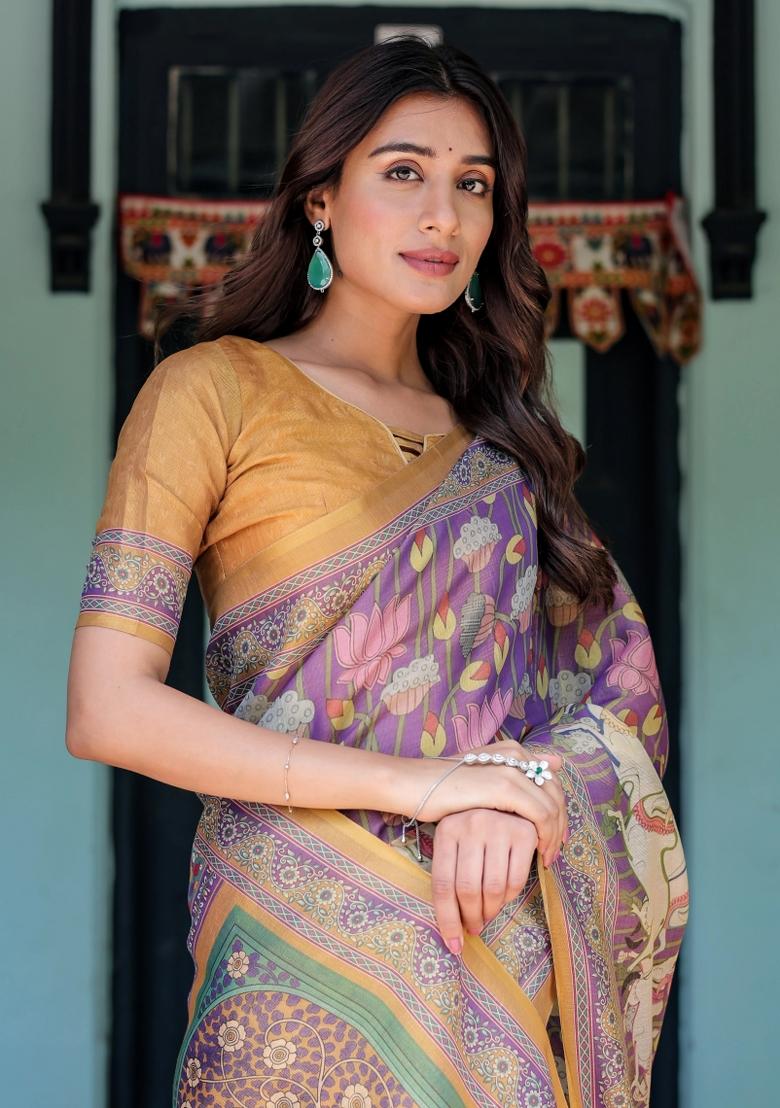 Blue Printed Cotton Saree Set - Indya