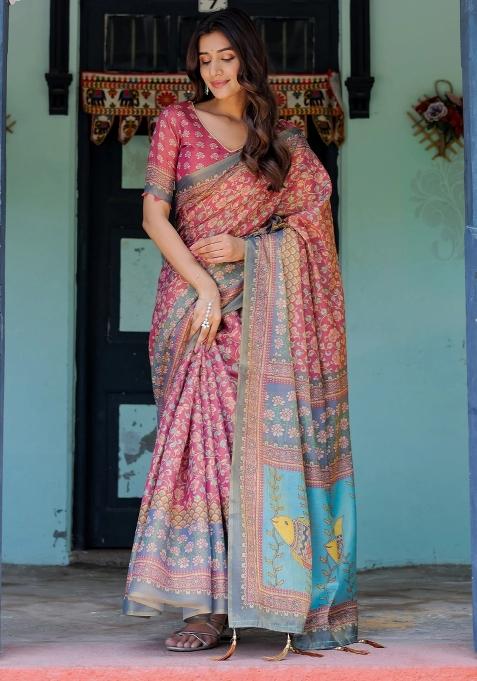 Rose Printed Cotton Saree Set