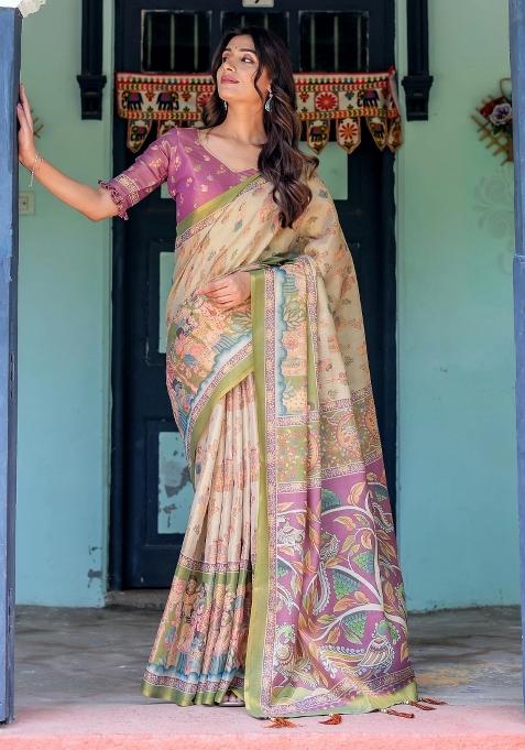 Ivory Printed Cotton Saree Set