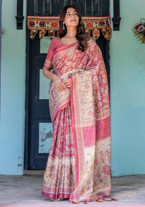 Maroon Printed Cotton Saree Set