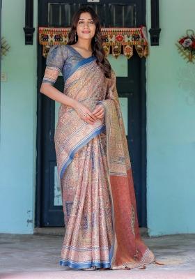 Rust Printed Cotton Saree Set