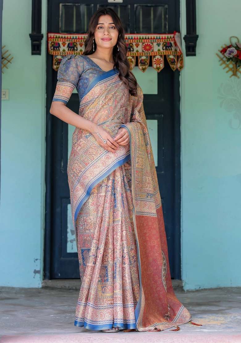 Rust Printed Cotton Saree Set - Indya