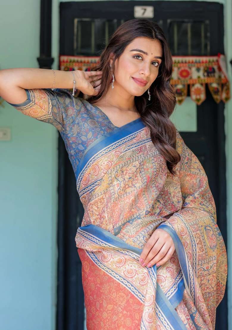 Rust Printed Cotton Saree Set - Indya