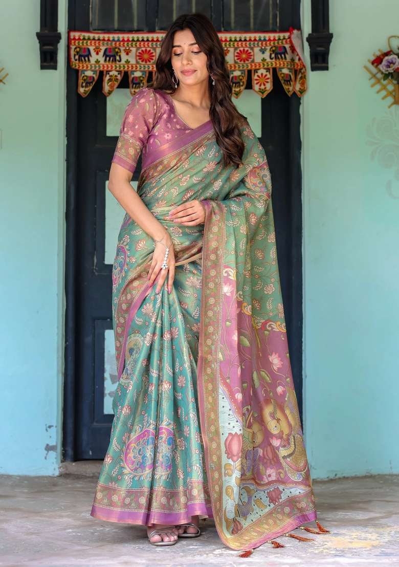 Aqua Printed Cotton Saree Set - Indya