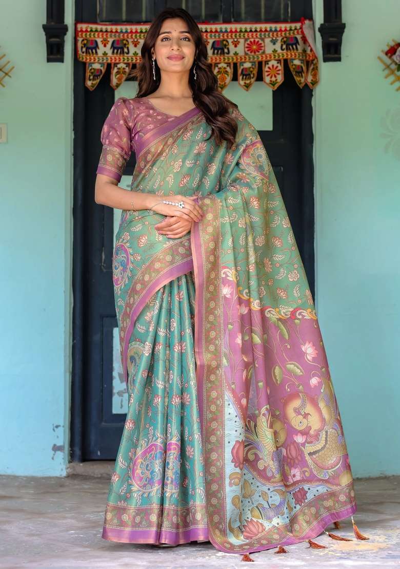 Aqua Printed Cotton Saree Set - Indya