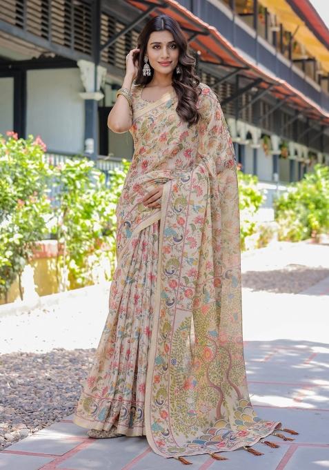 Ivory Printed Cotton Saree Set