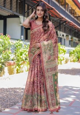 Maroon Printed Cotton Saree Set