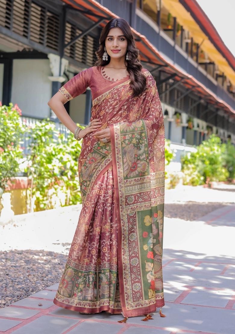 Maroon Printed Cotton Saree Set - Indya