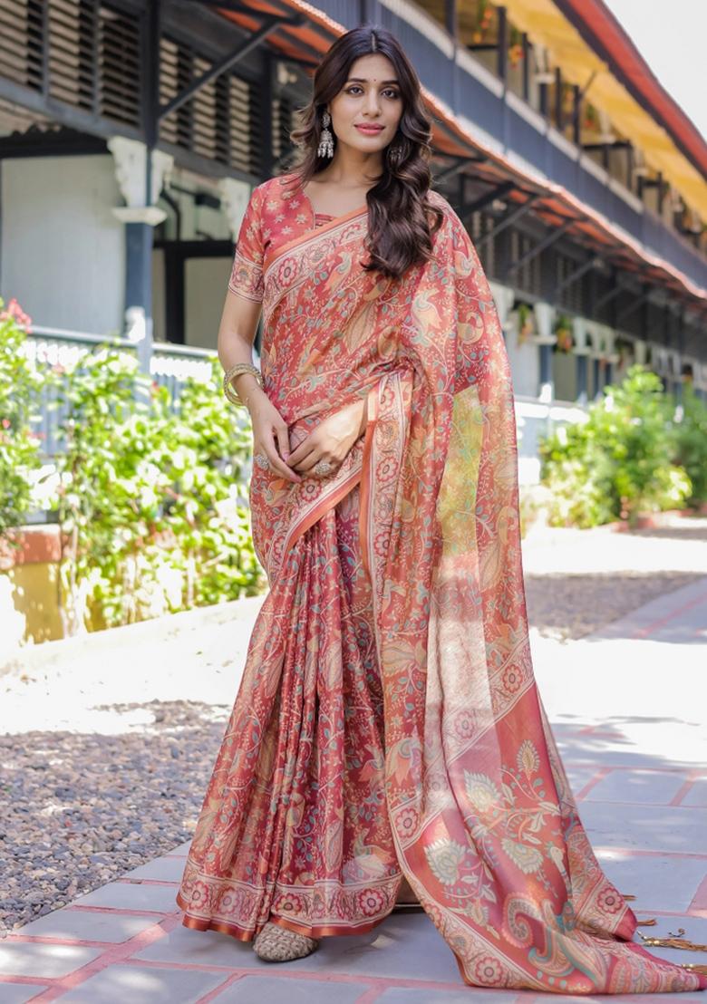 Rust Printed Cotton Saree Set