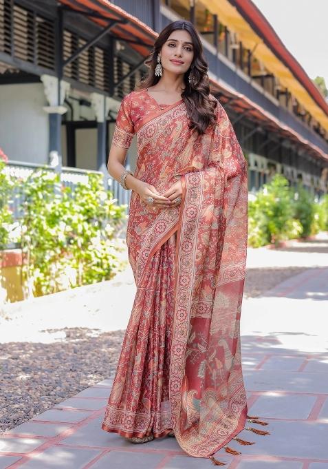 Rust Printed Cotton Saree Set
