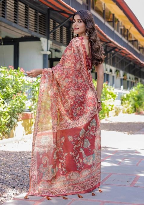 Rust Printed Cotton Saree Set