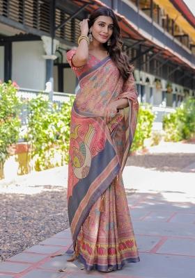 Peach Printed Cotton Saree Set