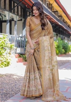 Mustard Printed Cotton Saree Set