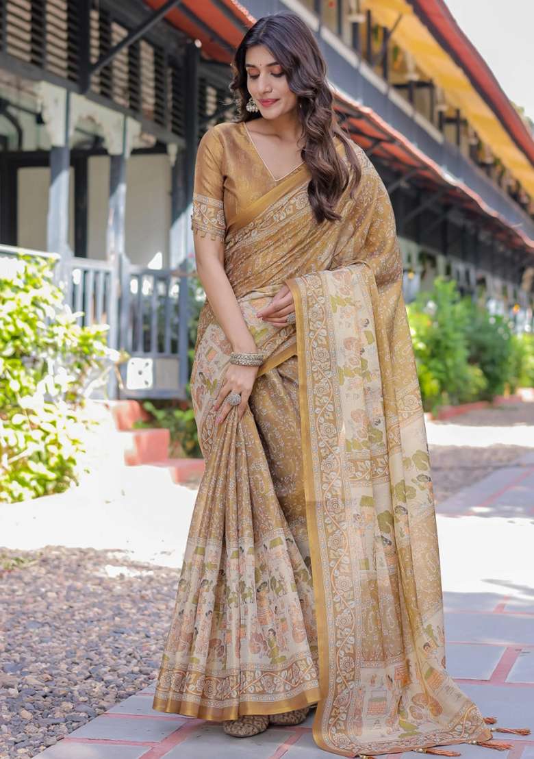 Mustard Printed Cotton Saree Set - Indya
