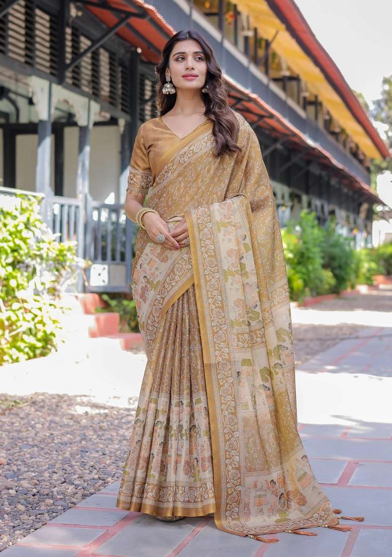 Mustard Printed Cotton Saree Set - Indya