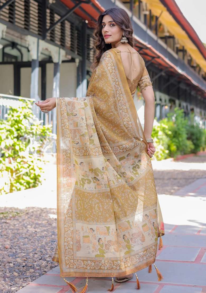 Mustard Printed Cotton Saree Set - Indya