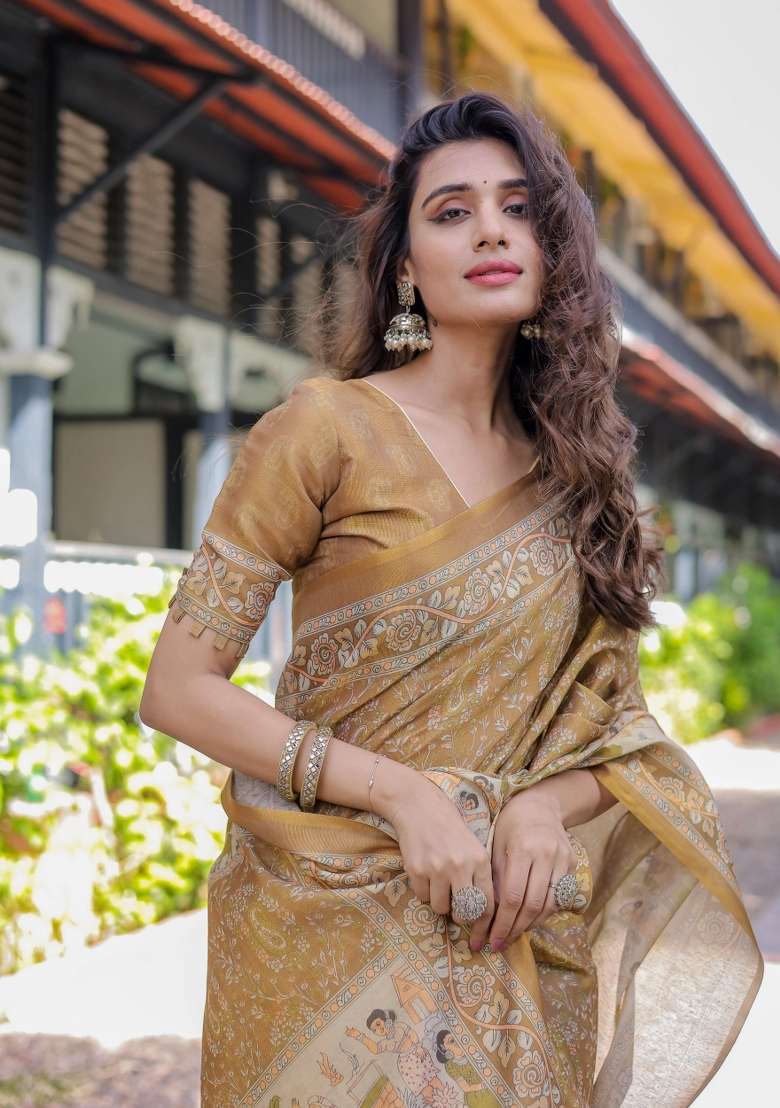 Mustard Printed Cotton Saree Set - Indya
