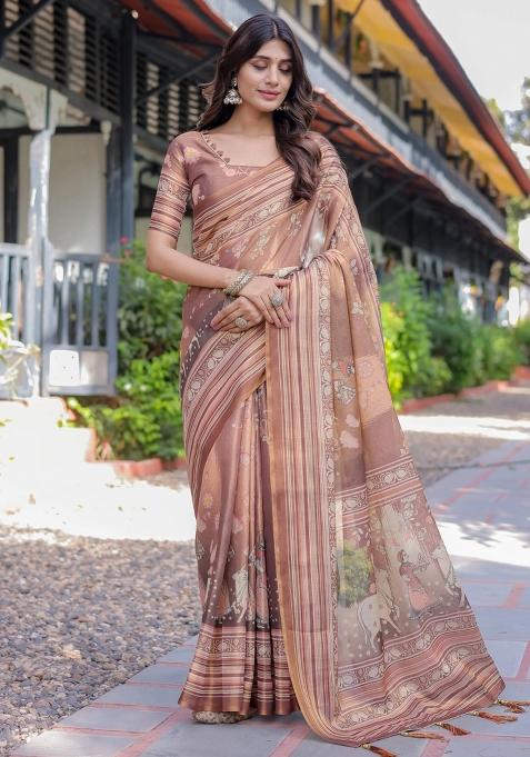 Blue Printed Cotton Saree Set