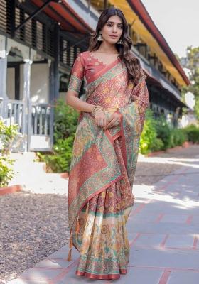 Rust Printed Cotton Saree Set