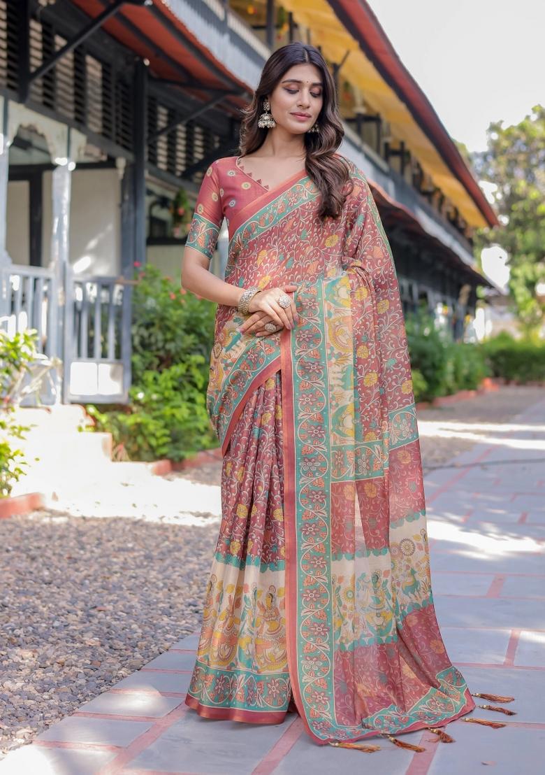 Rust Printed Cotton Saree Set