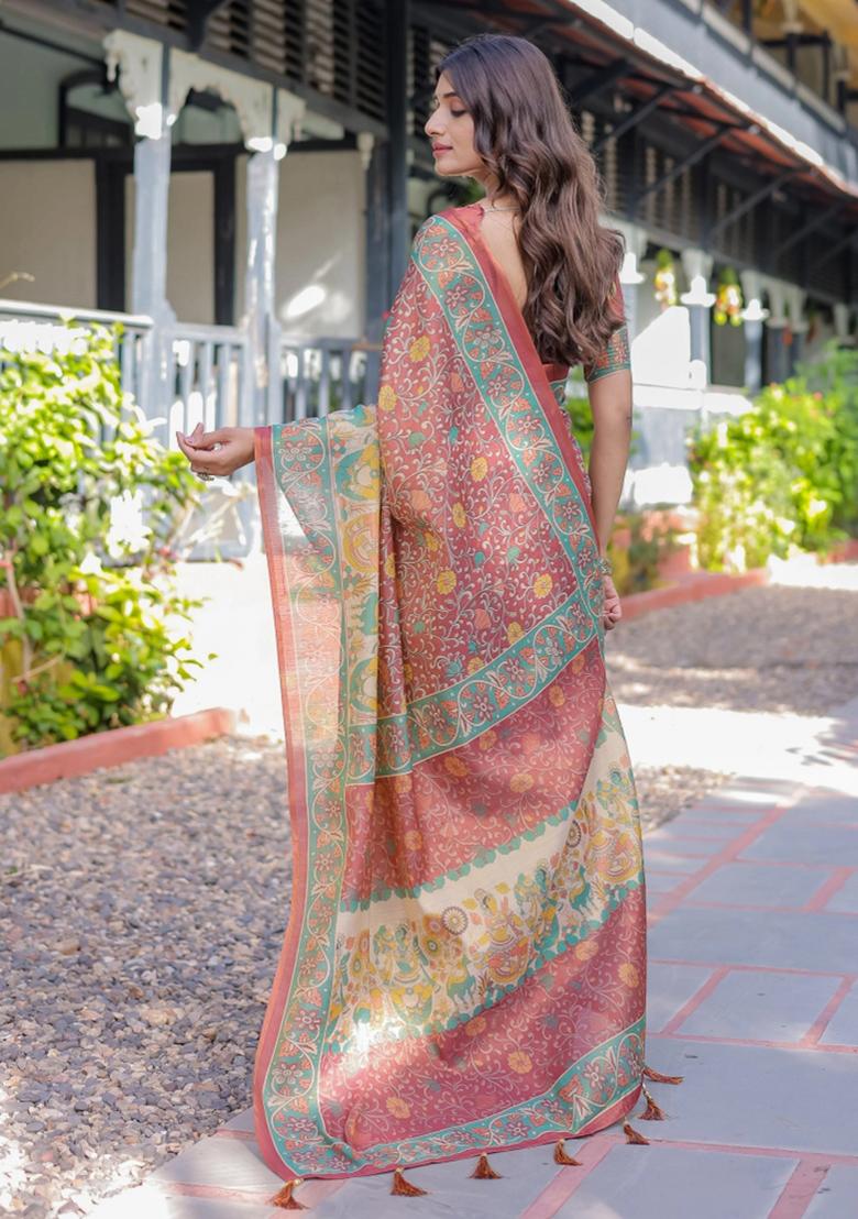 Rust Printed Cotton Saree Set