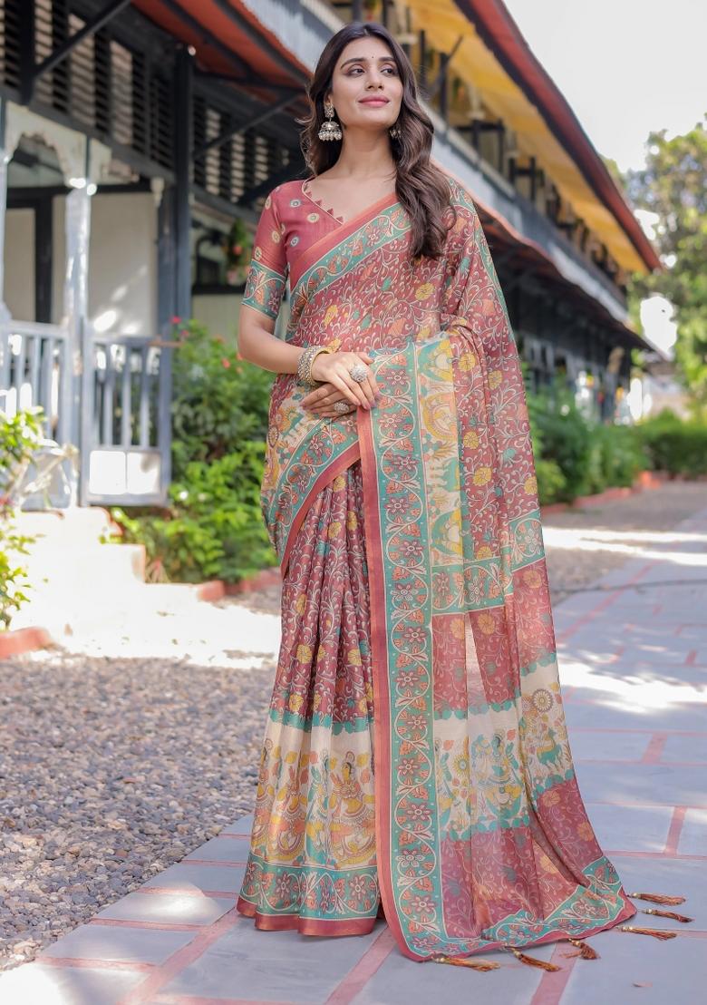 Rust Printed Cotton Saree Set