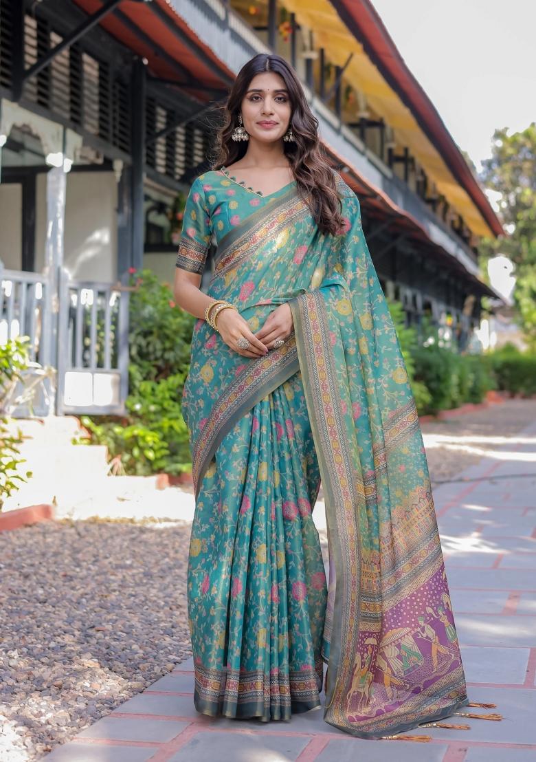 Multicolor Printed Cotton Saree Set - Indya