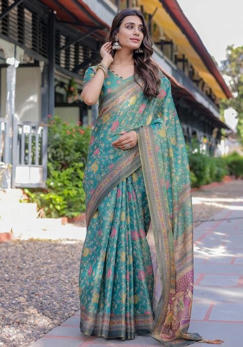 Multicolor Printed Cotton Saree Set
