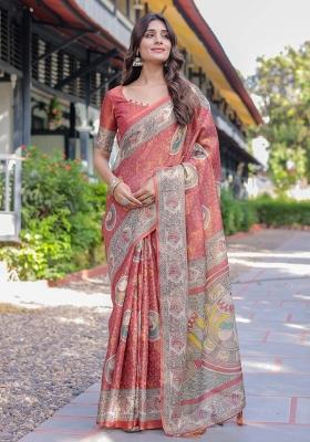 Rust Printed Cotton Saree Set