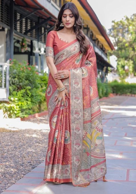 Rust Printed Cotton Saree Set