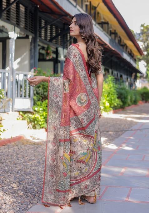 Rust Printed Cotton Saree Set