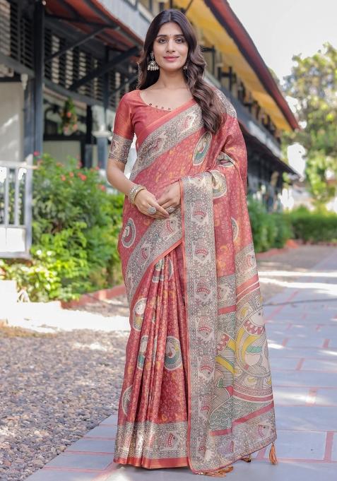 Rust Printed Cotton Saree Set