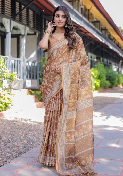 Blue Printed Cotton Saree Set