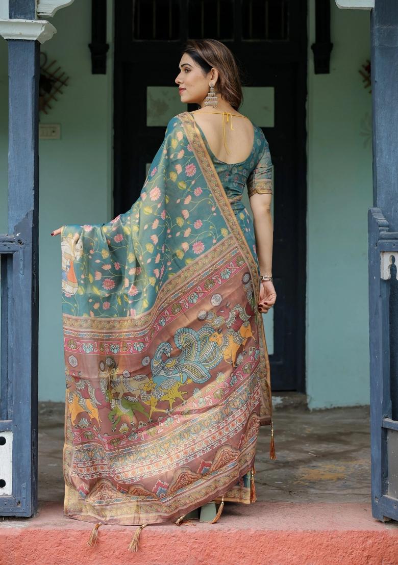 Blue Printed Cotton Saree Set