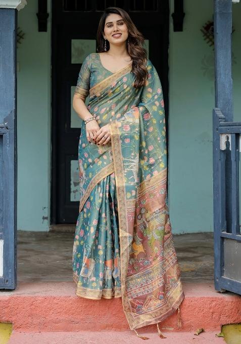 Blue Printed Cotton Saree Set
