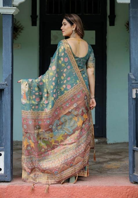 Blue Printed Cotton Saree Set