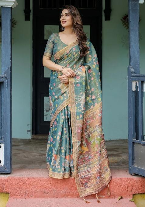 Blue Printed Cotton Saree Set