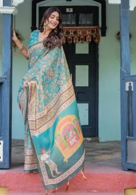Teal Printed Cotton Saree Set