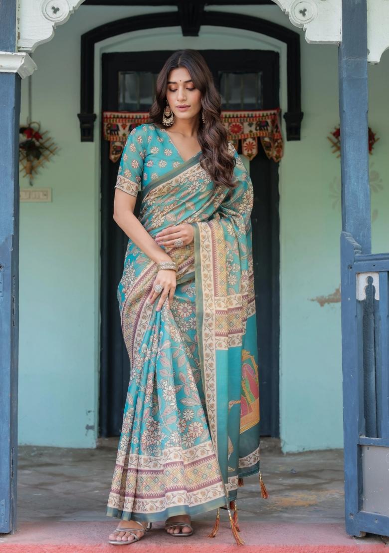 Teal Printed Cotton Saree Set
