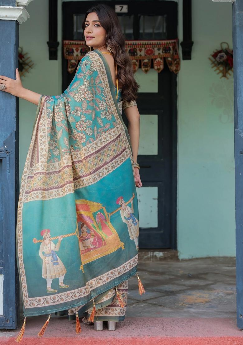 Teal Printed Cotton Saree Set