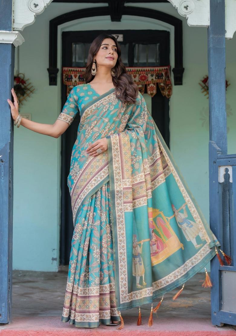 Teal Printed Cotton Saree Set
