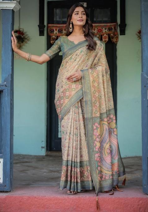 Beige Printed Cotton Saree Set